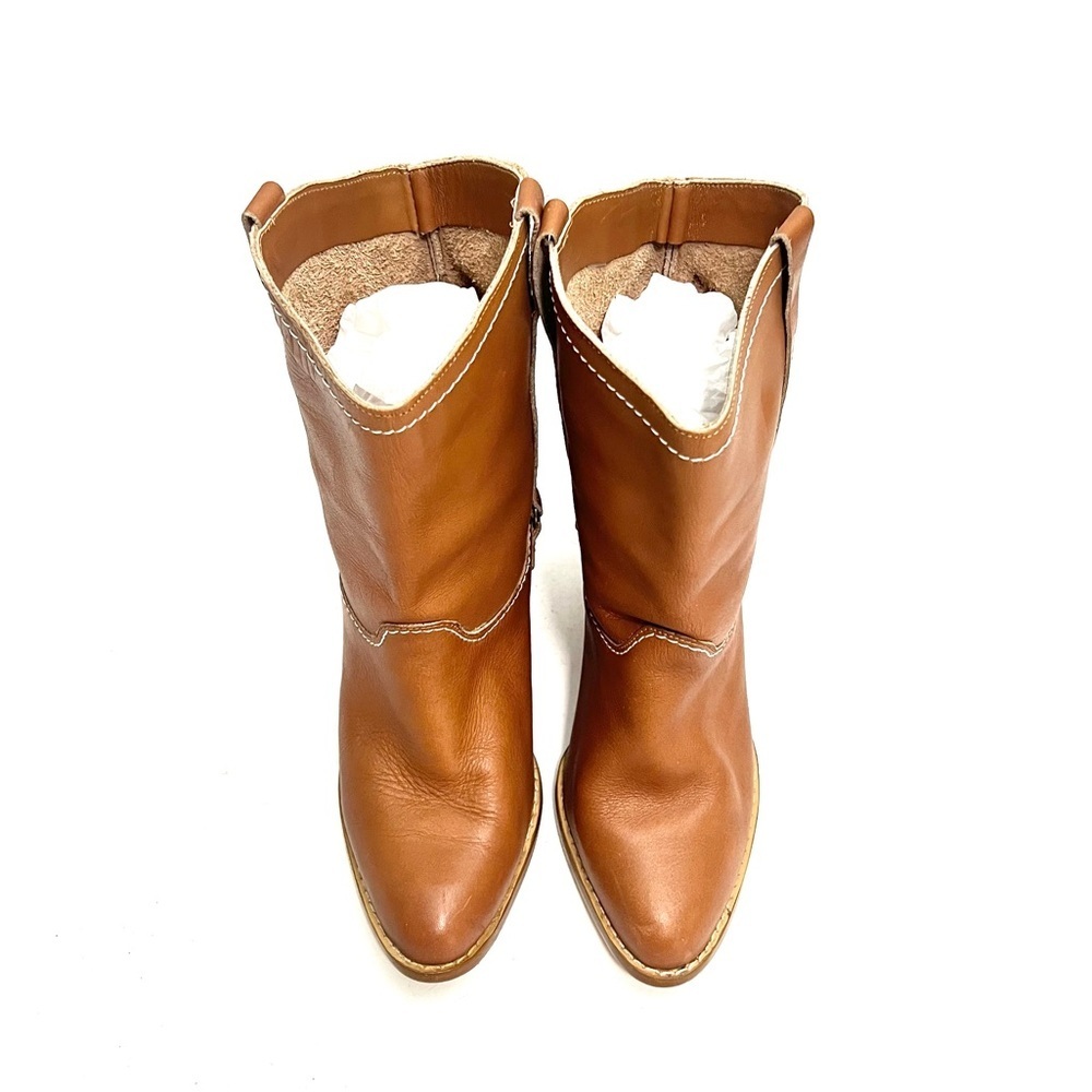 Vintage 1970s tan leather wooden stacked heel western pull on ankle boots - Picture 3 of 9